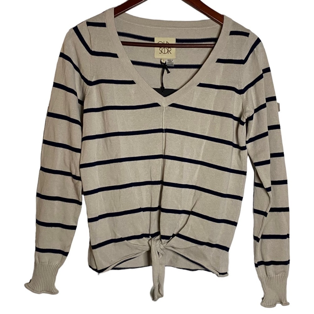 Chaser Long Sleeve Ribbed Beige Black Stripes  V-Neck Tie Front Sweater Small S
